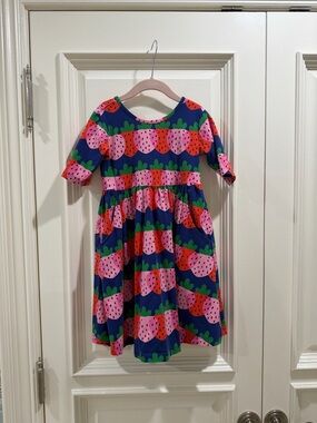 Hanna Andersson Navy Dress with Pink & Red Strawberry Print